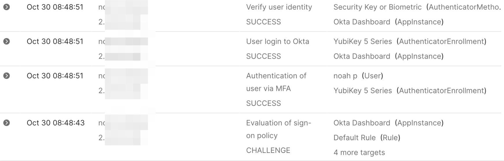 Okta system log for the forwarded sign-in showing ordinary successful authentication events.